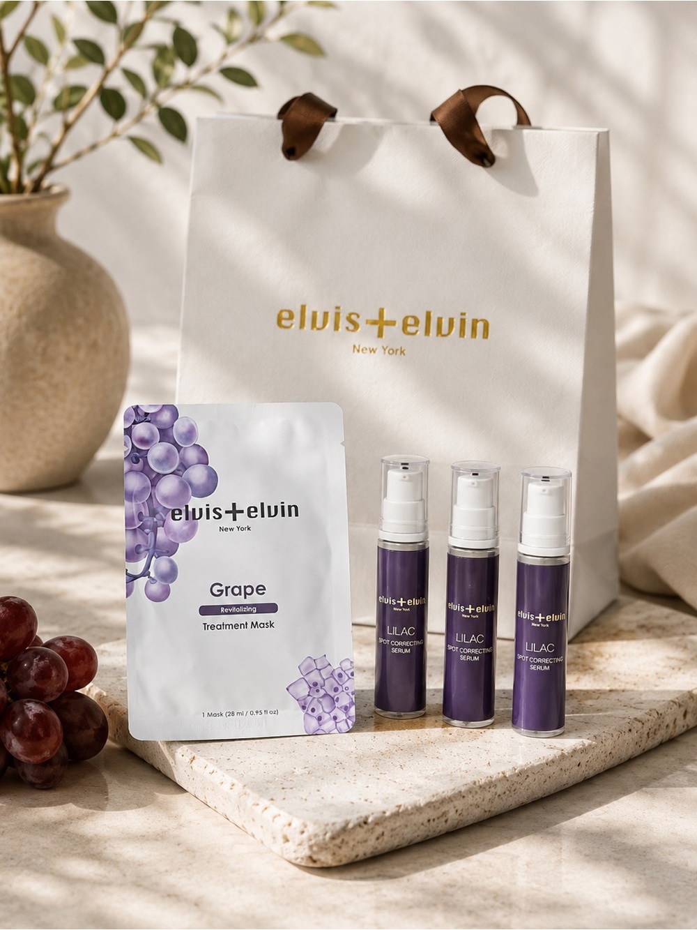Elvis + Elvin Lilac Skincare Set Grape Mask + 3 Serums Gift Bag